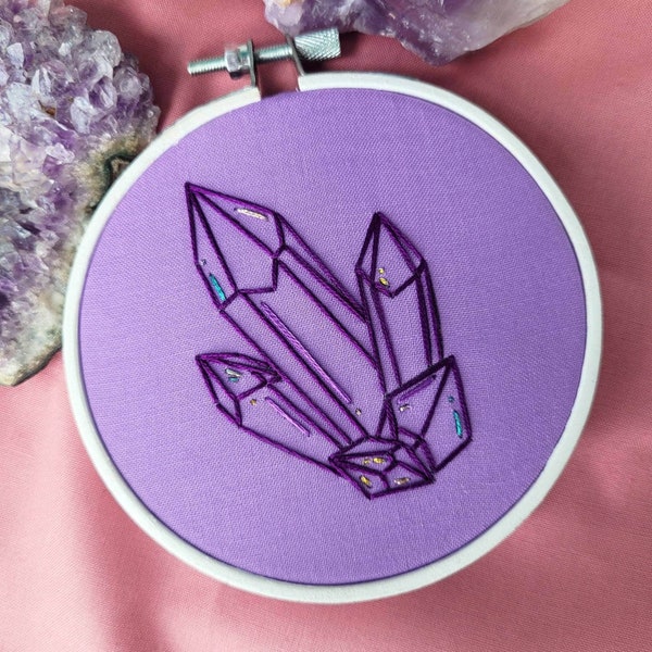 Amethyst Crystal Cluster Embroidery Hoop Art, Finished Embroidery, Wall Décor, Witchy Décor, Crystal Art, Witchy Embroidery