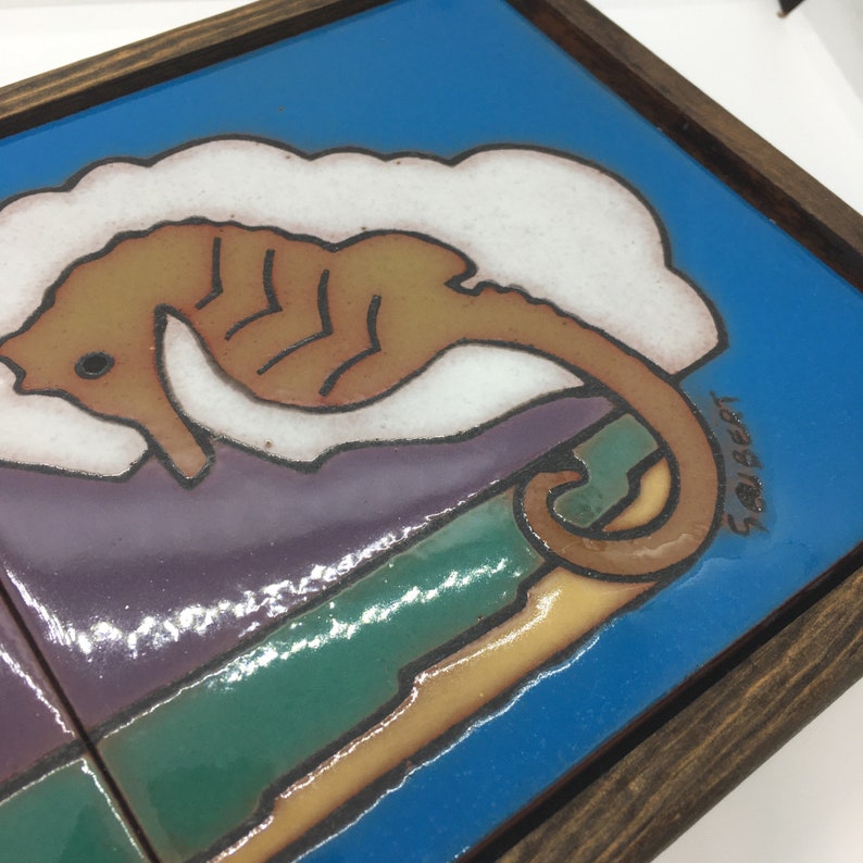 Vintage Seahorse and Mountain Tile Trivet Plaque with Wood Frame Signed Seubert image 2