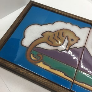 Vintage Seahorse and Mountain Tile Trivet Plaque with Wood Frame Signed Seubert image 3