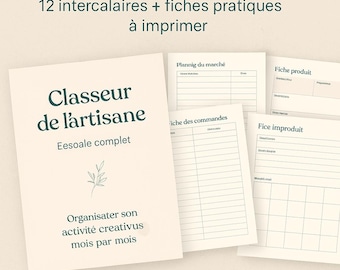 Puede incluir: Un paquete de insertos de planificador imprimibles y una carpeta titulada "Pack Classeur d'Artisane". El paquete incluye 12 divisores y hojas prácticas. La portada de la carpeta dice "Classeur de l'artisane".