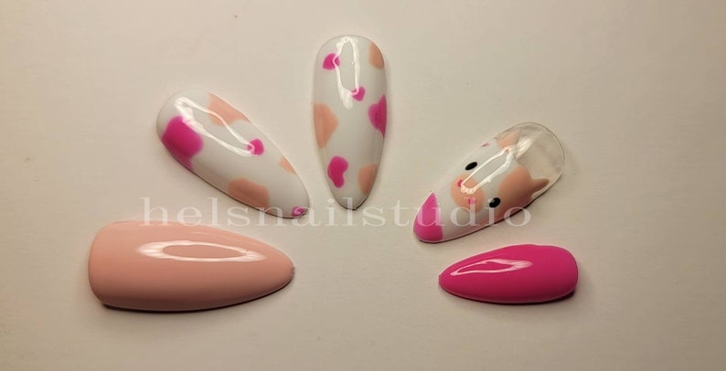Hand painted caedyn cow nails| cow nails | pink kawaii cow print nails | salon quality | squish 