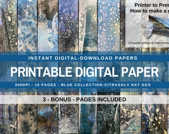 Printable digital paper for Junk Journals, Mixed Media, Blue, Collage Papers | Handmade background printable papers, digital paper pack