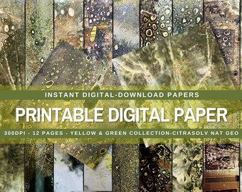 Printable digital paper, Junk Journal, Mixed Media, Yellow, Green, Collage Papers | Handmade background printable papers, digital paper pack