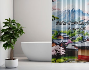 A traditional Japanese village with Mount Fuji in the background, surrounded by blooming cherry blossom trees Polyester Shower Curtain