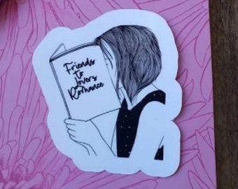 Girl reading romance trope black and white Sticker, laptop sticker,, reader stickers, funny sticker, book sticker, romance reader