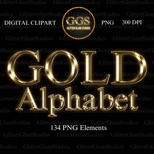 Lettere e numeri metallici in oro, clipart digitali, lettere dorate, alfabeto clipart oro, metallico, lettere d'oro, png, uso commerciale