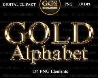 May include: Gold alphabet clipart with 134 PNG elements. The letters are in a bold, 3D style with a shiny, metallic finish.