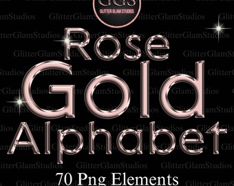 May include: Rose Gold Alphabet - 70 PNG elements. A set of rose gold letters with a metallic sheen and a 3D effect. The letters are on a black background.