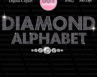 May include: A digital clipart set of 43 PNG elements featuring a diamond alphabet. The letters are made of sparkling silver diamonds on a black background. The set includes the letters A through Z, as well as a set of individual diamonds.
