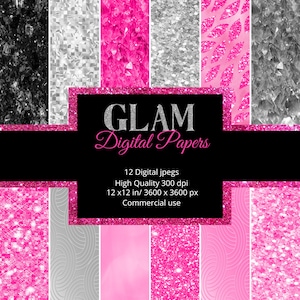 Glam digital paper, hot pink glam textures, pink and black textures, glitter textures, diamond textures, pink glitter, silver, digital paper