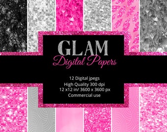 Könnte beinhalten: Zwölf digitale Papiere mit pinken, silbernen und schwarzen Glitzertexturen. Die Papiere sind 12 Zoll mal 12 Zoll groß und haben eine Auflösung von 3600 Pixel mal 3600 Pixel. Die Papiere sind von hoher Qualität und haben eine Auflösung von 300 dpi. Die Papiere sind für kommerzielle Zwecke bestimmt.