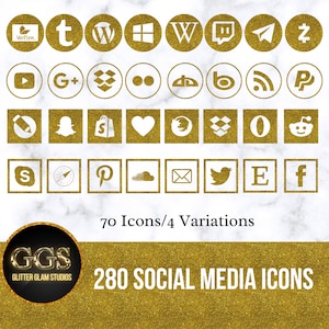 280 guldglitter ikoner för sociala medier, bloggande, webbikoner, guldglitter, runda ikoner, webbplatsikoner, knappar för sociala medier, guld