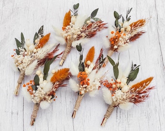 Wedding Boutonniere, Terracotta Greenery Groom’s Buttonhole, Preserved and Dried Flowers Mini Bouquets