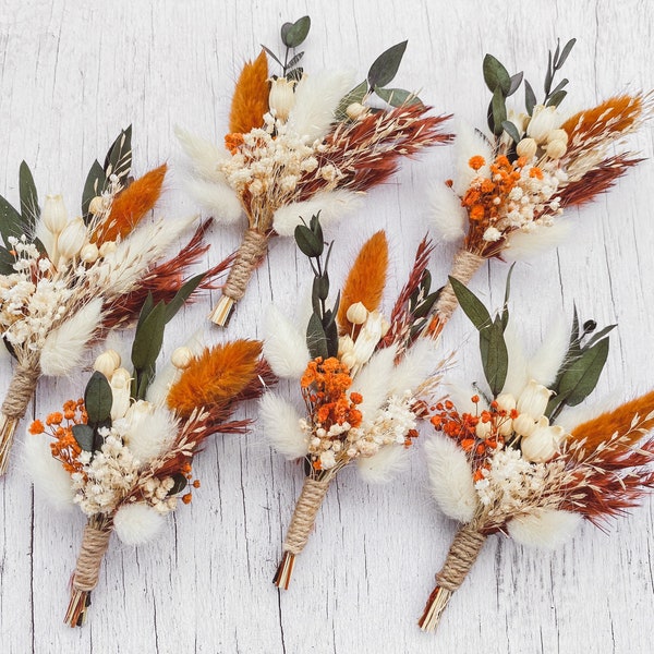 Wedding Boutonniere, Terracotta Greenery Groom’s Buttonhole, Preserved and Dried Flowers Mini Bouquets