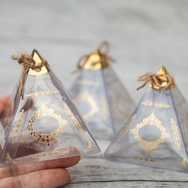 10 pcs Pyramid Favors and Gifts Boxes, Clear Lid Gold Detail Box, Engagement Gift box, bulk craft Boxes, Wedding Gift Box, Cardboard Boxes