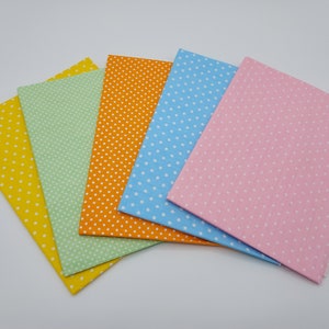 Set of 5 cotton fabrics, 47 cm X 46 cm, polka dots, 5 different colors