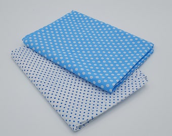 2 polka dot fabrics, blue and white, 50 cm by 50 cm