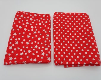 Lot de 2 tissus en coton, rouge et blanc, 50 * 50 cm, motifs étoiles et pois