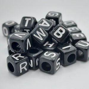 26 alphabet beads, cube, white letters on a black background in acrylics, 6 * 6 mm