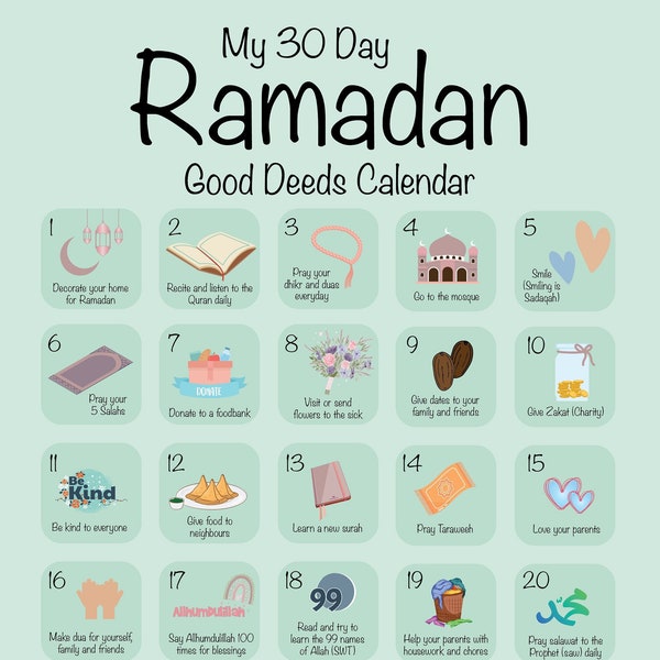 Il mio calendario di buone azioni Ramadan di 30 giorni / Ramadan / Calendario Ramadan / 30 giorni / Stampe islamiche / Stampa A4 / Digitale