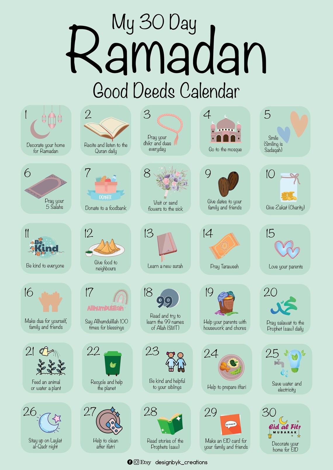 My 30 Day Ramadan Good Deeds Calendar Ramadan Ramadan Etsy