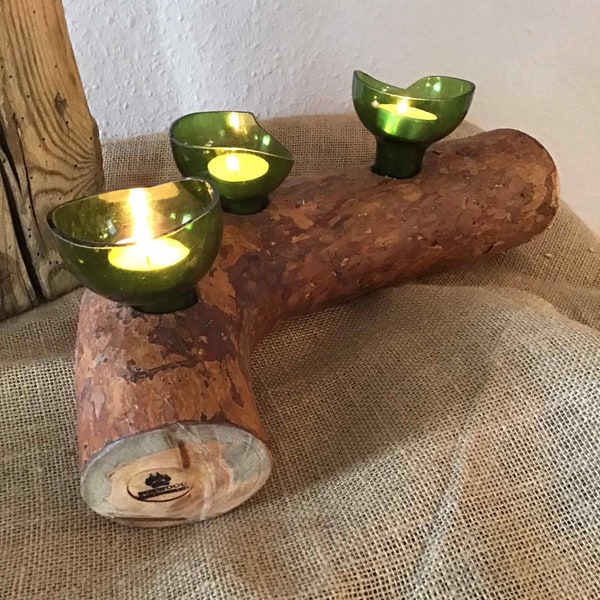 Dekorative Kerzenständer aus Kieferholz und Altglas