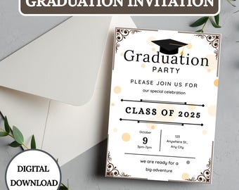 Black and Gold Graduation Invitation, Elegant Party Invite (Digital Download)