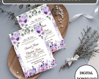 Purple Floral Wedding Invitation, Garden Theme, Canva Template (Digital Download)