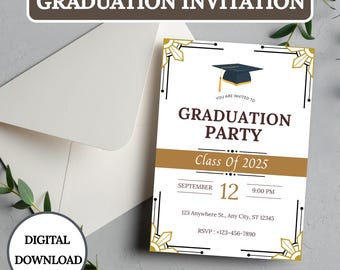 White and Gold Graduation Party Invitation, Elegant Class of 2025 (Digital Download)