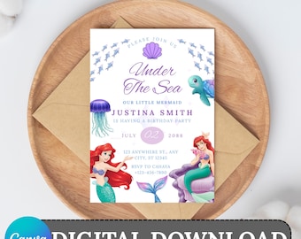 Invitación de cumpleaños con temática marina / Fiesta de sirenas para niña (imprimible digital)
