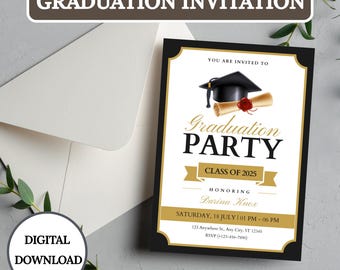 May include: A graduation party invitation with a black and gold design. The invitation includes the text "Graduation Party" and "Class of 2025". A digital download option is also available.