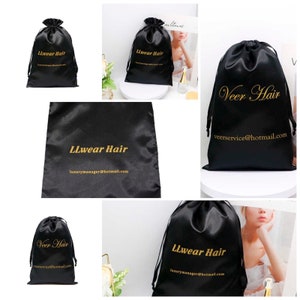 May include: Five black satin drawstring bags with gold lettering. The bags are labeled with the text "LLwear Hair" and "Veer Hair" along with email addresses.