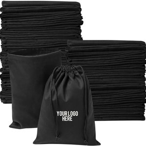 May include: A stack of 50 black drawstring bags. The bags are made of a soft, durable fabric. One bag has the text "YOUR LOGO HERE" printed on it.
