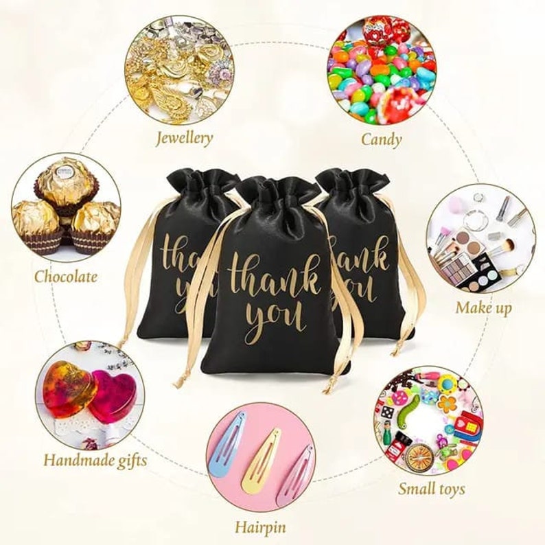 May include: Three black satin drawstring bags with gold ribbon ties. The bags have the words "thank you" printed in gold on the front. The bags are surrounded by images of various items that could be used as gifts, such as jewelry, candy, chocolate, makeup, handmade gifts, small toys, and hairpins.