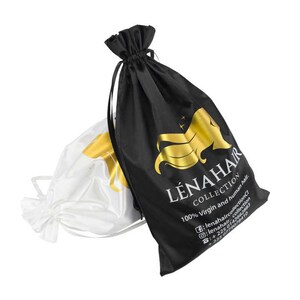 May include: A black satin drawstring bag with gold lettering that reads "L&Eacute;NA HAIR COLLECTION 100% Virgin and human hair" and includes social media handles and phone numbers.