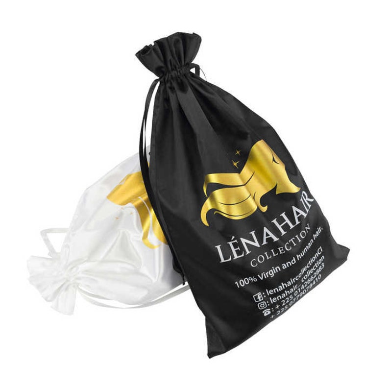 May include: A black satin drawstring bag with gold lettering that reads "L&Eacute;NA HAIR COLLECTION 100% Virgin and human hair" and includes social media handles and phone numbers.