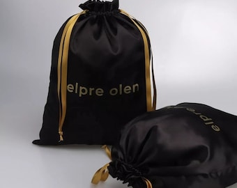 Custom Logo Printing Satin Hair Extension Gift Dust Drawstring Bag Luxury Black Shoe Wig Packing Silk Satin Pouch