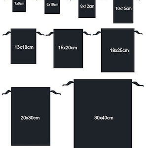 May include: A set of black drawstring bags in various sizes, ranging from 7x9 cm to 30x40 cm. Each bag has a black drawstring closure and is labeled with its dimensions in centimeters.