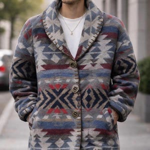 Vintage Saburoku Southwestern Aztec Jacket  Bohemian Tribal Pattern Wool Blend Coat Japanese Brand F Lead Co Ltd Oversized Boho Winter
