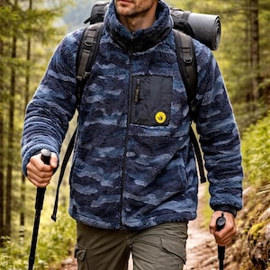 May include: A blue camouflage fleece jacket with a black pocket and a yellow logo patch. The jacket has a high collar and a full-length zipper. The person is wearing a backpack and hiking in a forest, using trekking poles.