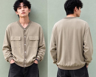 Vintage Yoshie Inaba 100% Silk Blouse Cardigan Jacket Beige Khaki Minimalist Military Utility Silk Shirt Bigi Tokyo Made in Japan Size S