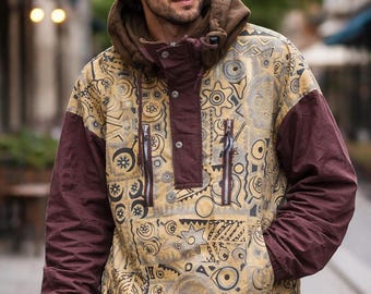 Vintage 90s Sports Afield Geometric Tribal Anorak Jacket Rare Pattern Snowboarding Pullover Gorpcore Streetwear Hip Hop Style Size Large