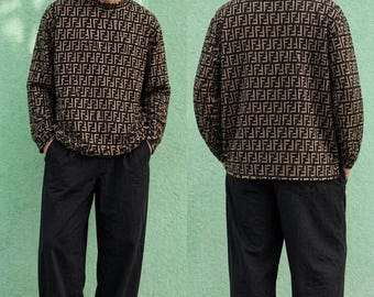 Sudadera vintage Fendi Jeans Monogram, rara de los 90, Fendi Roma Italy Zucca Print Pullover, jersey de punto de lujo de diseñador streetwear Monogram