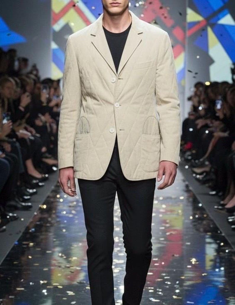 May include: A beige quilted blazer with a diamond pattern, worn with black trousers and a black crew neck top. The blazer features two front pockets and three buttons. The model is on a runway.
