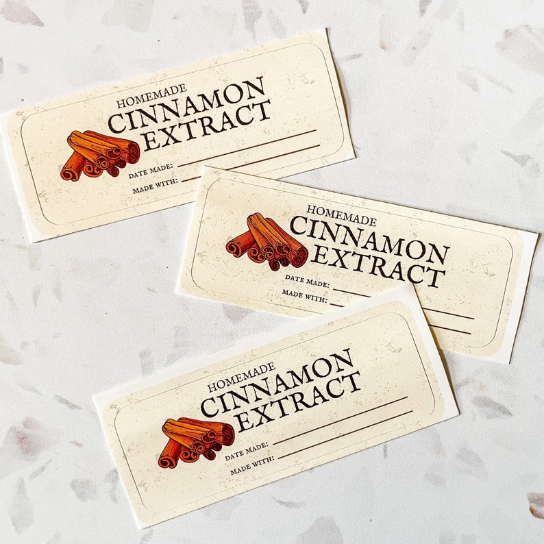 May include: Three printable labels for homemade cinnamon extract. Each label features a hand-drawn illustration of cinnamon sticks and the text "Homemade Cinnamon Extract". The labels also include blank spaces for the date made and ingredients used.