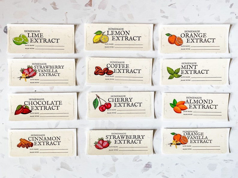 May include: Twelve rectangular labels with a white background and black text. Each label features a different fruit or spice, with illustrations and the text "Homemade" and the name of the extract. The labels are for various flavors, including lime, lemon, orange, strawberry vanilla, coffee, mint, chocolate, cherry, almond, cinnamon, and orange vanilla.