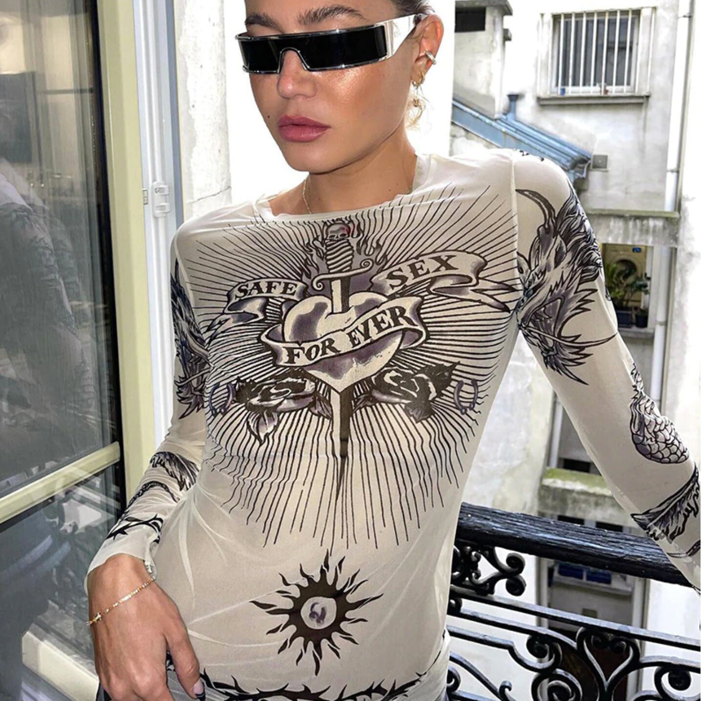 Givenchy Beige Mesh Tattoo Shrine Long Sleeve T-shirt in Natural