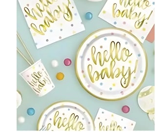 Gold and White Baby Shower, Gender Reveal Party, New Arrival, Gold Baby Shower, New Baby Party Gold Baby Plates, Cups, Napkins, Tablecover