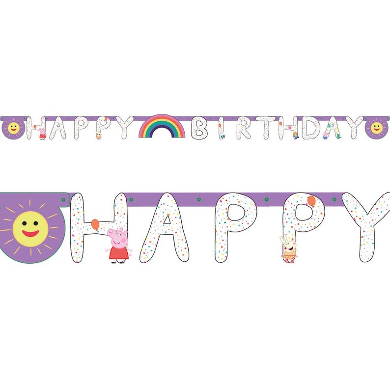 Może przedstawiać: Dekoracyjny baner urodzinowy z napisem HAPPY BIRTHDAY białymi literami w kolorowe konfetti. Baner zawiera grafikę tęczy, postacie z kresk&oacute;wek oraz fioletowe elementy końcowe w kształcie słońca z uśmiechniętymi twarzami.
