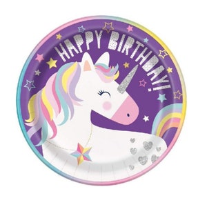 Pack fête Licorne assiettes Licorne, gobelets Licorne, serviettes de table, napperon, ballons Licorne fête d'anniversaire sur le thème de la Licorne de qualité supérieure 8 x 9"Plates